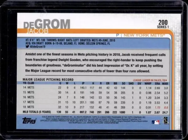 Jacob deGrom 2019 Topps Batting New York Mets 200 - Image 2