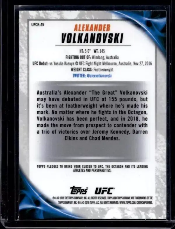 Alexander Volkanovski 2019 Topps Chrome UFC UFC Knockout Chrome UFCK-AV - Image 2