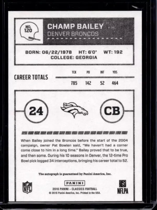 Champ Bailey 2016 Panini Classics Significant Signatures /49 Denver Broncos 120 - Image 2