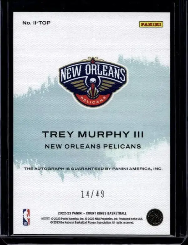 Trey Murphy III 2022-23 Panini Court Kings Impressionist Ink /49 New Orleans Pelicans II-TOP - Image 2