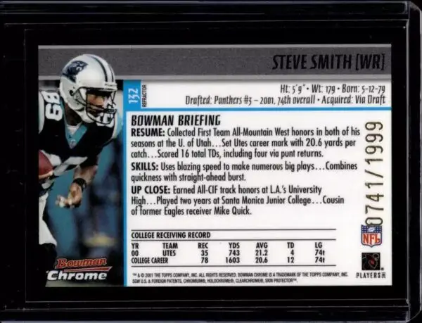 Steve Smith 2001 Bowman Chrome Refractor /1999 Rookie Carolina Panthers 132 - Image 2