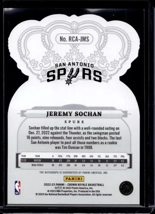 Jeremy Sochan 2022-23 Panini Crown Royale Pink Auto /49 San Antonio Spurs RCA-JMS - Image 2