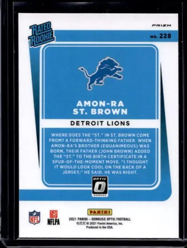 Amon-Ra St. Brown 2021 Donruss Optic Purple Shock Rookie Detroit Lions 228 - Image 2