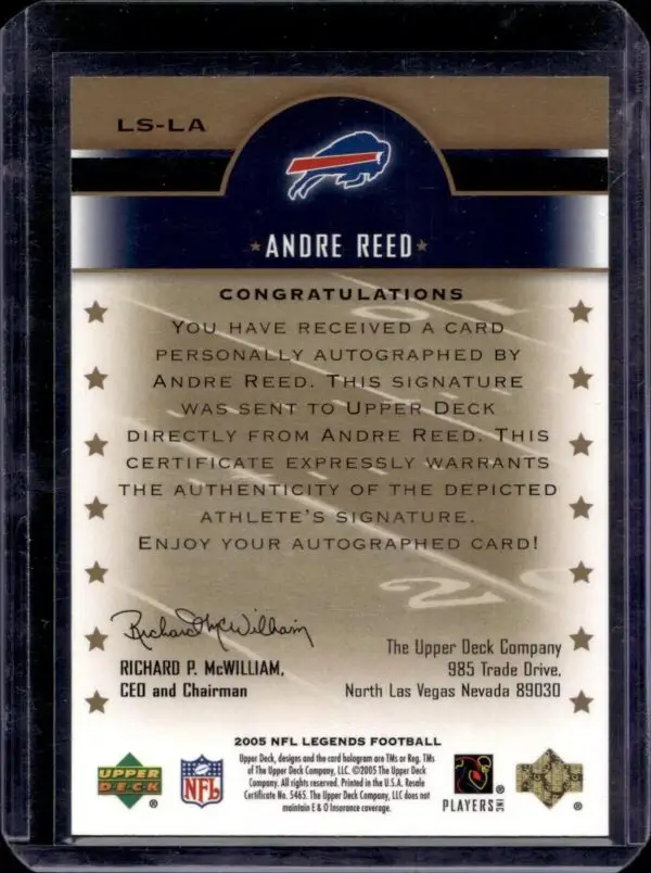 Andre Reed 2005 Upper Deck Legends Legendary Signatures Buffalo Bills LS-LA - Image 2