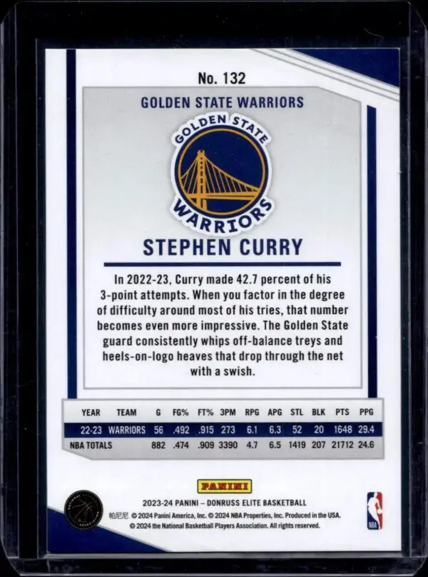 Stephen Curry 2023-24 Donruss Elite Purple /49 Golden State Warriors 132 - Image 2