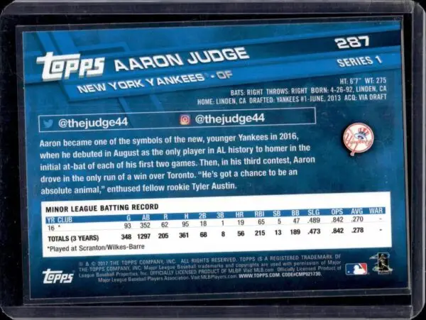 Aaron Judge 2017 Topps Rookie New York Yankees 287 - Image 2