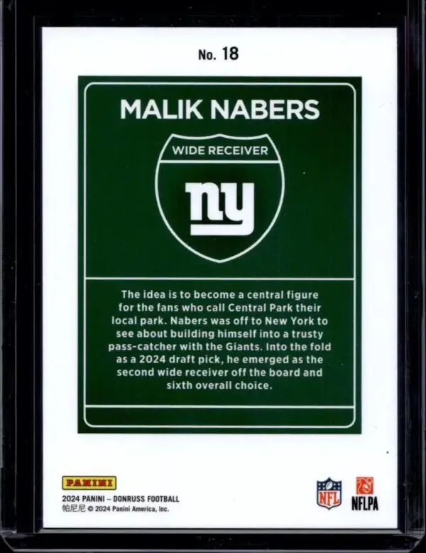 Malik Nabers 2024 Donruss Regular Downtown RC New York Giants 18 - Image 2