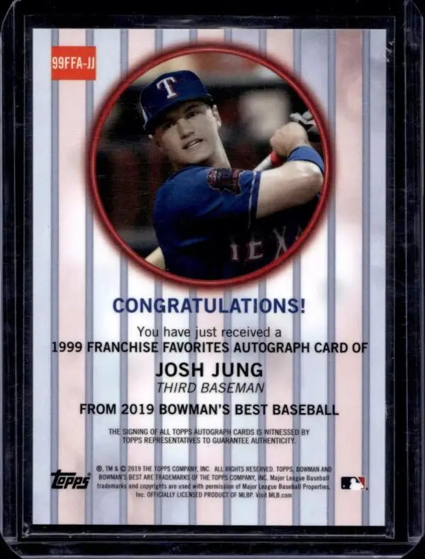 Josh Jung 2019 Bowman's Best 1999 Franchise Favorites Auto /120 Texas Rangers 99FFA-JJ - Image 2