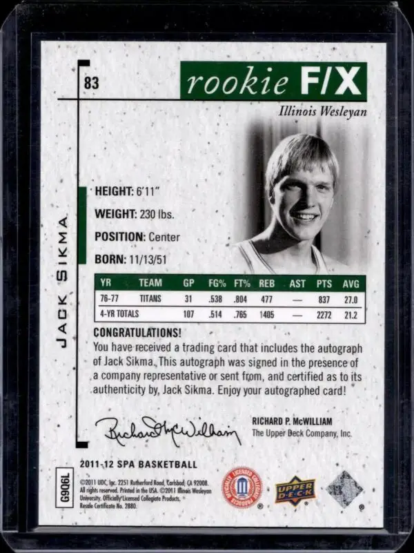 Jack Sikma 2011-12 SP Authentic Auto /50 Illinois Wesleyan Titans 83 - Image 2