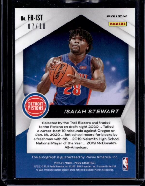 Isaiah Stewart 2020-21 Panini Prizm Fast Break RC Gold Auto /10 Detroit Pistons - Image 2