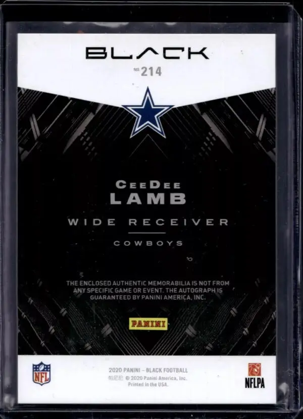 CeeDee Lamb 2020 Panini Black Silver Auto /75 Rookie Dallas Cowboys 214 - Image 2