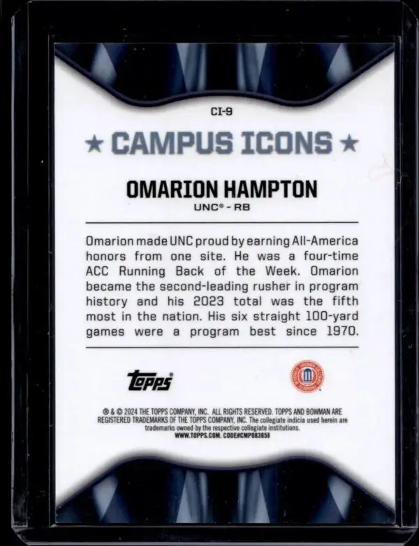 Omarion Hampton 2024 Bowman U Chrome Campus Icons Red /5 North Carolina Tar Heels CI-9 - Image 2