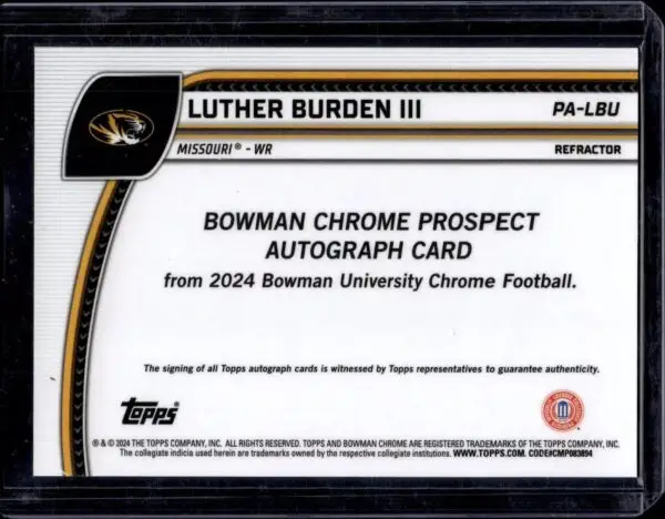 Luther Burden III 2024 Bowman U Chrome 1st Refractor Auto /299 Missouri Tigers PA-LBU - Image 2