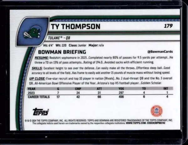 Ty Thompson 3 Card Lot 2024 Bowman U Chrome Stealth /24 Aqua Mini /275 X-Fractor Tulane Green Wave - Image 2