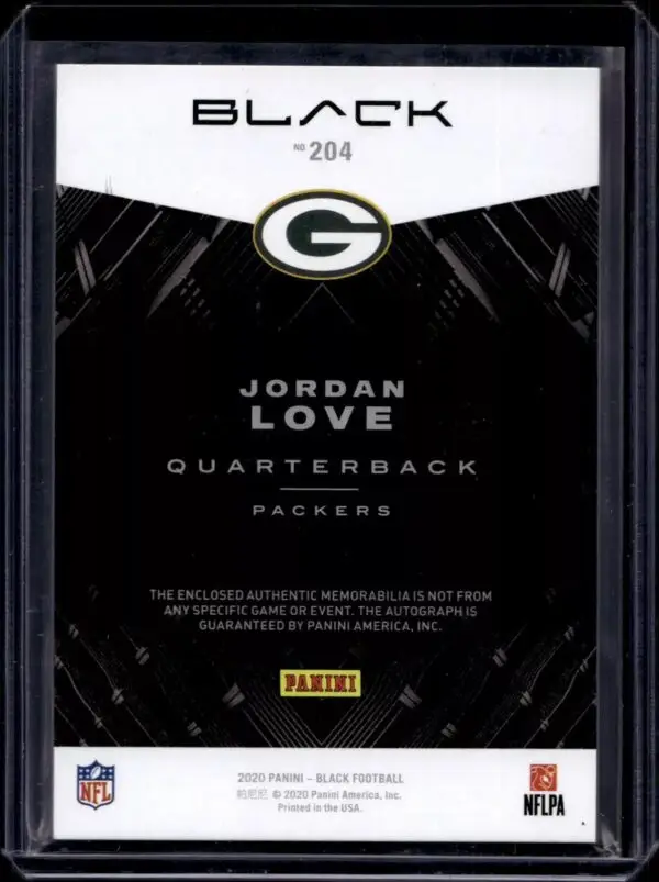 Jordan Love 2020 Panini Black Silver Auto /99 Rookie Green Bay Packers 204 - Image 2