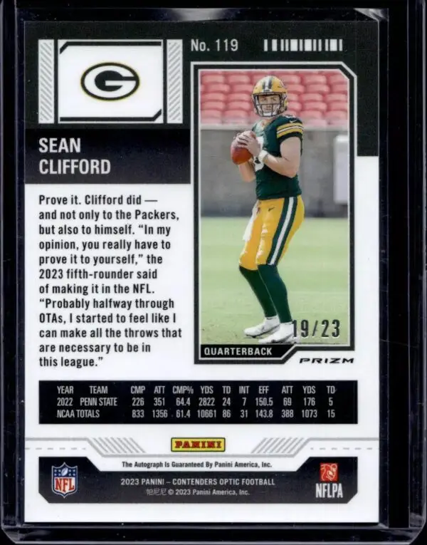 Sean Clifford 2023 Panini Zenith Contenders Optic Red Auto /23 RC Green Bay Packers 119 - Image 2