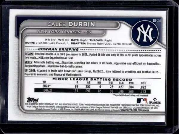 Caleb Durbin 2024 Bowman Mega Chrome Mojo Green /99 New York Yankees BCP-214 - Image 2