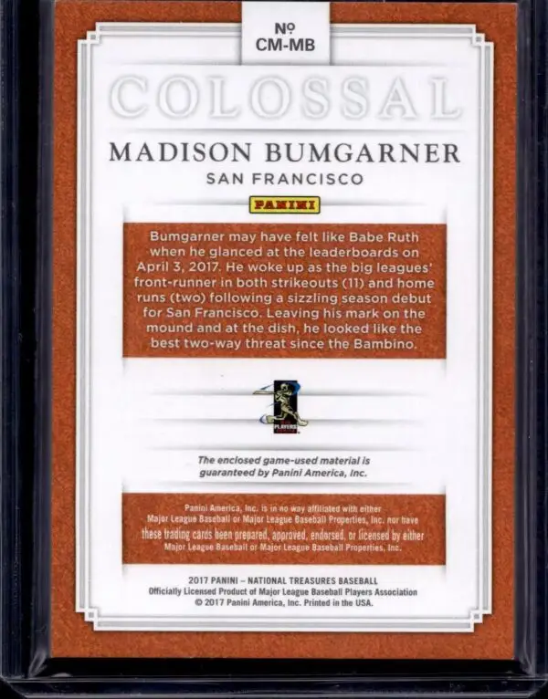 Madison Bumgarner 2017 National Treasures Colossal /10 San Francisco Giants - Image 2