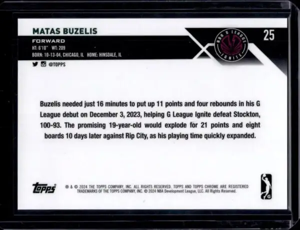 Matas Buzelis 2023-24 Topps G-League Chrome Gold /50 NBA G League Ignite 25 - Image 2