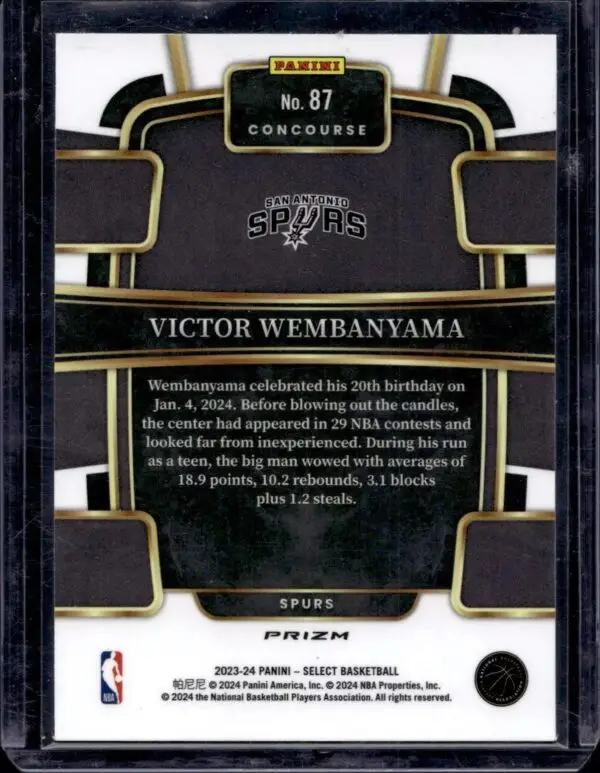 Victor Wembanyama 2023-24 Panini Select Orange Flash Prizm RC Spurs 87 - Image 2