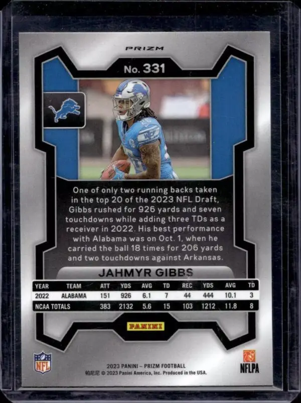 Jahmyr Gibbs 2023 Panini Prizm Silver RC Detroit Lions 331 - Image 2