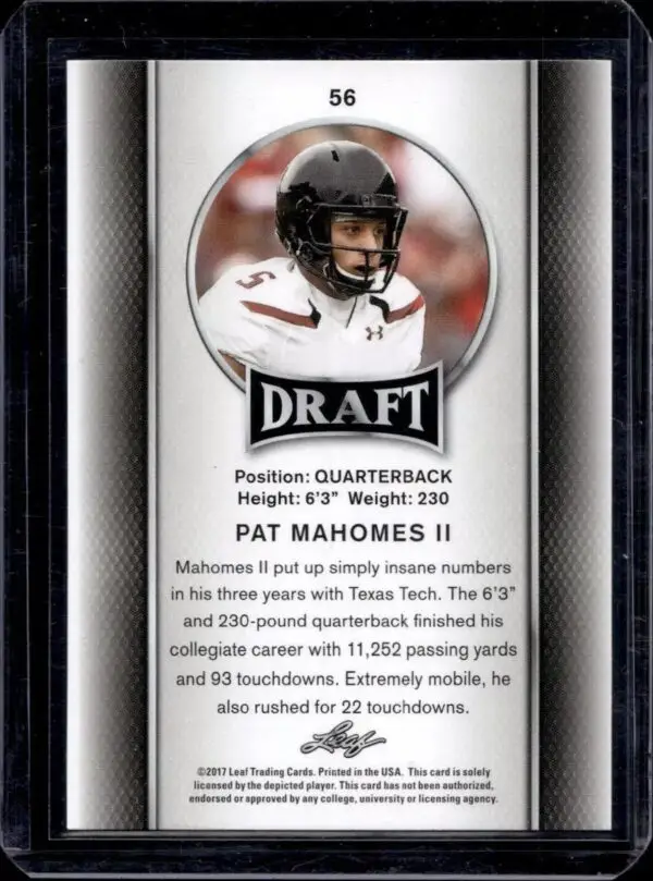 Pat Mahomes II 2017 Leaf Draft Texas Tech Red Raiders 56 - Image 2