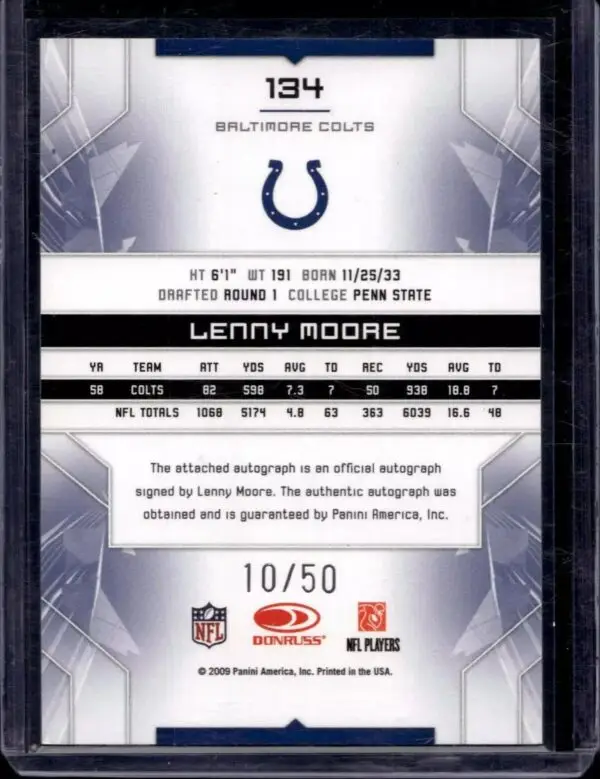 Lenny Moore 2009 Donruss Limited Monikers Autographs Gold Auto /50 Baltimore Colts 134 - Image 2