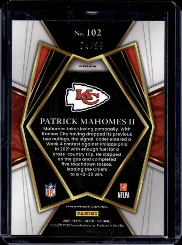 Patrick Mahomes 2021 Panini Select Light Blue Prizm /99 Kansas City Chiefs 102 - Image 2