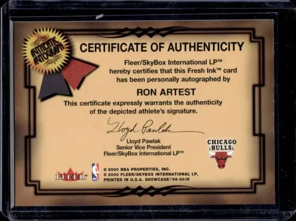 Ron Artest 1999-00 Flair Showcase Fresh Ink Auto Chicago Bulls NNO - Image 2