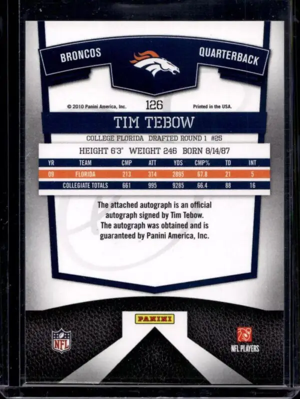 Tim Tebow 2010 Donruss Elite Turn of the Century Auto /199 RC Denver Broncos 126 - Image 2