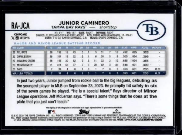 Junior Caminero 2024 Topps Chrome RC Gold Wave Refractor Auto /50 Tampa Bay Rays RA-JCA - Image 2