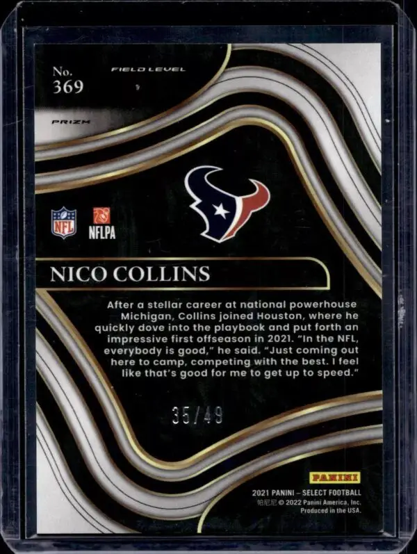 Nico Collins 2021 Panini Select Blue Prizm /49 RC Houston Texans 369 - Image 2