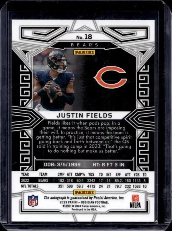 Justin Fields 2023 Panini Obsidian Signatures Auto Chicago Bears 18 - Image 2