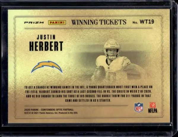 Justin Herbert 2020 Contenders Optic Winning Tickets Los Angeles Chargers WT19 - Image 2