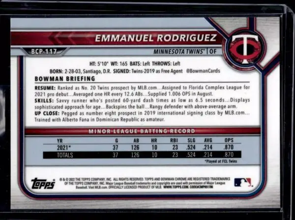 Emmanuel Rodriguez 2022 Bowman Chrome Orange Shimmer /25 Minnesota Twins BCP-117 - Image 2