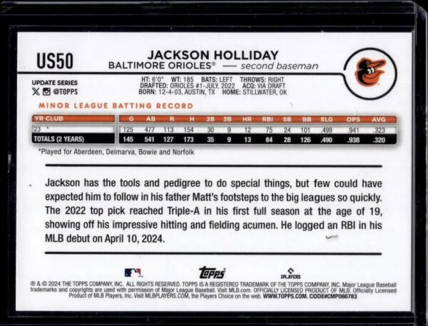 Jackson Holliday 2024 Topps Update Jack O Lanterns Rookie Baltimore Orioles US50 - Image 2