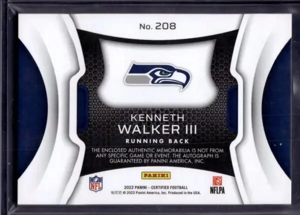 Kenneth Walker III 2022 Panini Certified Freshman Fabric Auto /75 RC Seattle Seahawks - Image 2