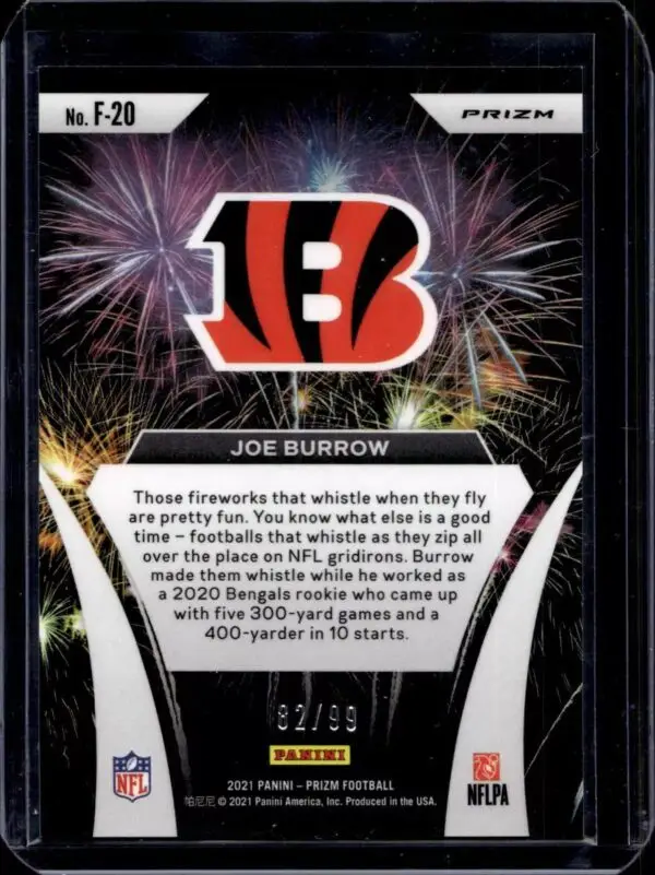 Joe Burrow 2021 Panini Prizm Fireworks Blue Ice /99 Cincinnati Bengals F-20 - Image 2