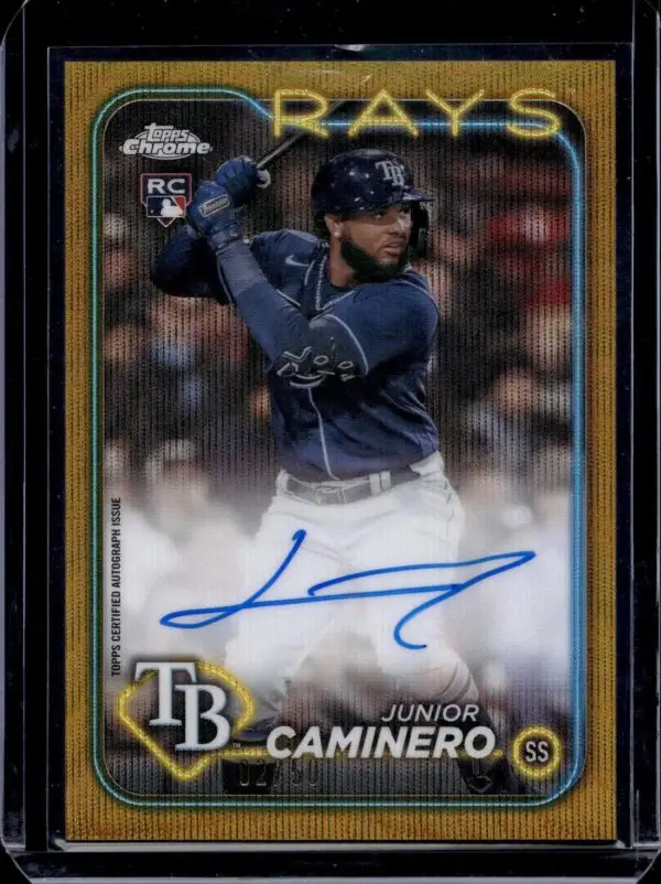 Junior Caminero 2024 Topps Chrome RC Gold Wave Refractor Auto /50 Tampa Bay Rays RA-JCA