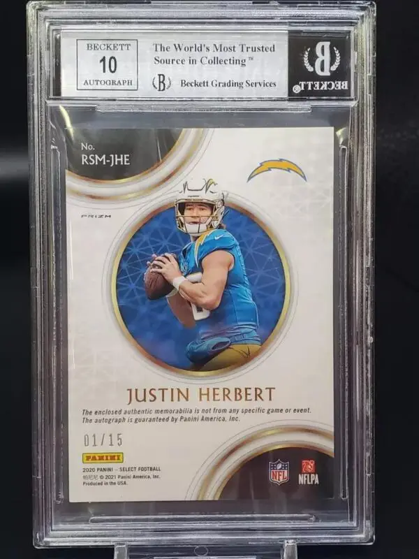 Justin Herbert 2020 Panini Select Tie Dye Patch Auto /15 Los Angeles Chargers RSM-JHE BGS 9 - Image 2