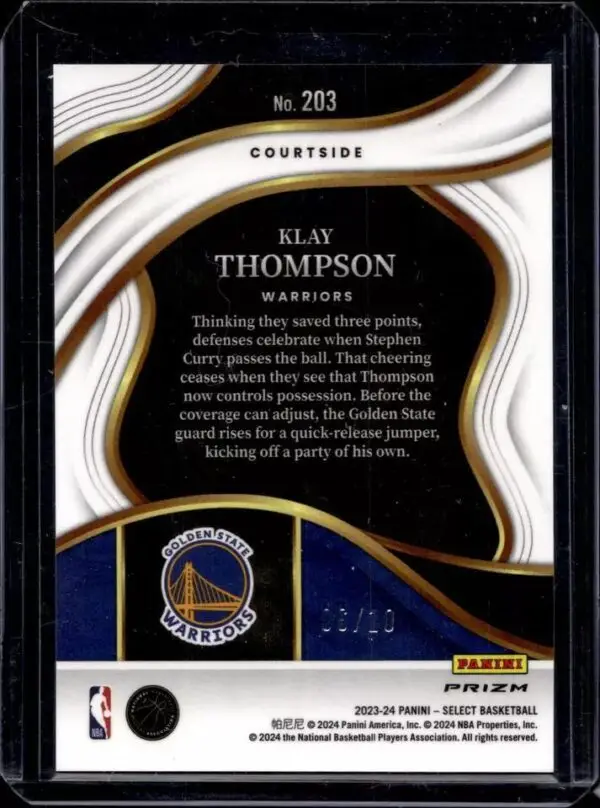 Klay Thompson 2023-24 Panini Select Gold Checker /10 Golden State Warriors 203 - Image 2