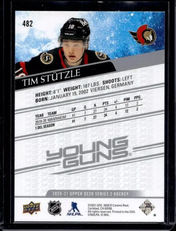 Tim Stutzle 2020-21 Upper Deck Young Guns Rookie Ottawa Senators 482 - Image 2