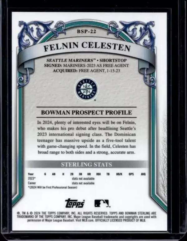 Felnin Celesten 2024 Bowman Sterling Copper Refractor /15 Seattle Mariners BSP-22 - Image 2