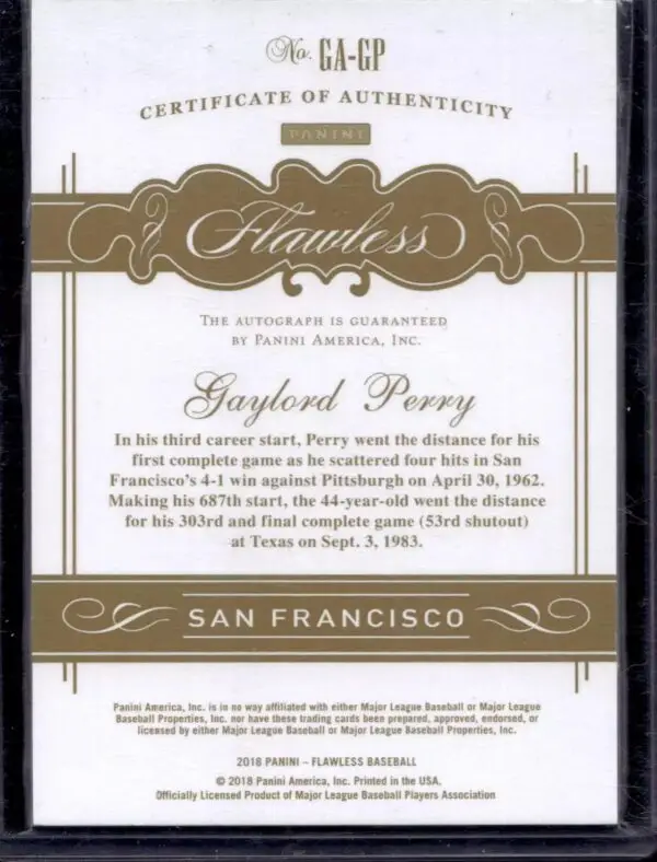 Gaylord Perry 2018 Panini Flawless Greats Auto /25 San Francisco Giants GA-GP - Image 2