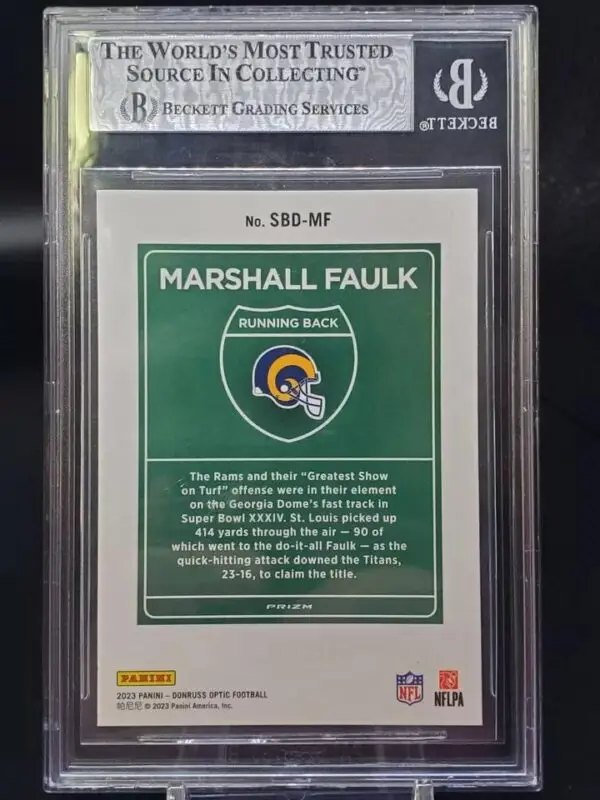 Marshall Faulk 2023 Donruss Optic Super Bowl Downtown St Louis Rams SBD-MF BGS 9 - Image 2