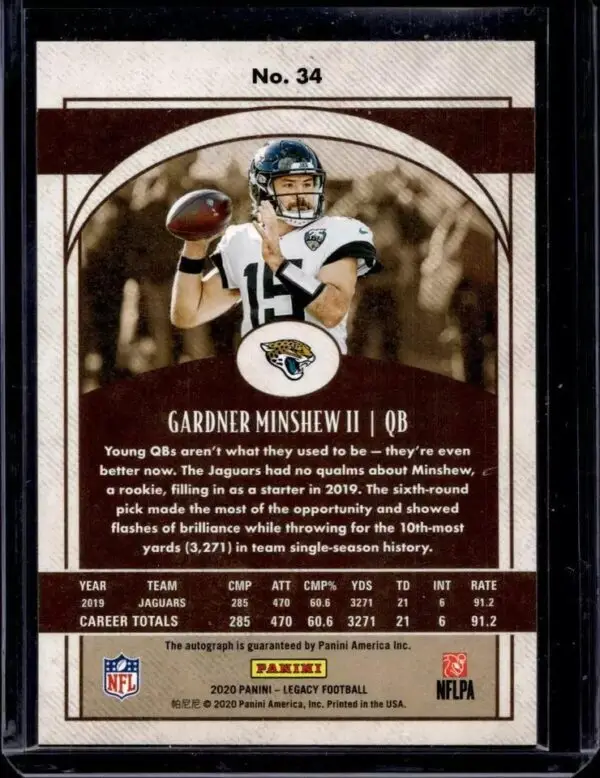 Gardner Minshew II 2020 Panini Legacy Blue Auto /25 Jacksonville Jaguars 34 - Image 2