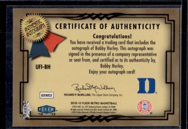 Bobby Hurley 2012-13 Fleer Retro Ultra Fresh Ink Auto Duke Blue Devils UFI-BH - Image 2