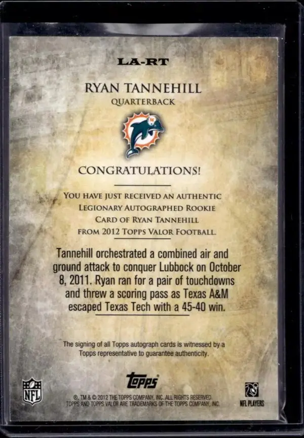 Ryan Tannehill 2012 Topps Valor Strength Auto /50 Miami Dolphins LA-RT - Image 2