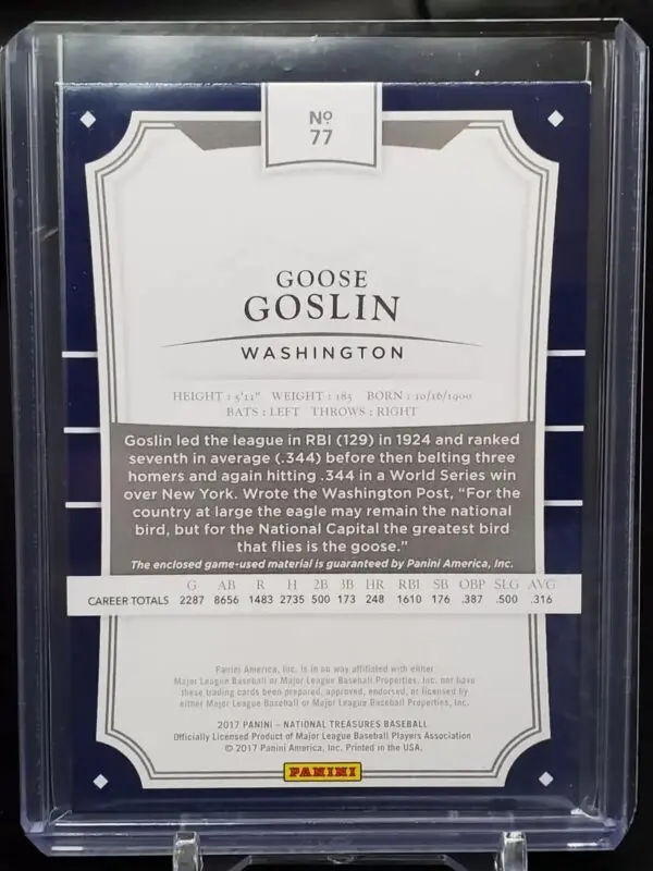 Goose Goslin 2017 National Treasures Bat Relic /3 Washington Senators 77 - Image 2