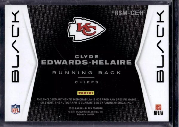 Clyde Edwards-Helaire 2020 Panini Black RC Auto /50 Kansas City Chiefs RSM-CEH - Image 2